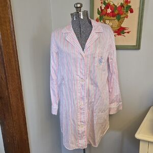 Cotton Ralph Lauren Pink and Blue Striped Button-Up Night Shirt